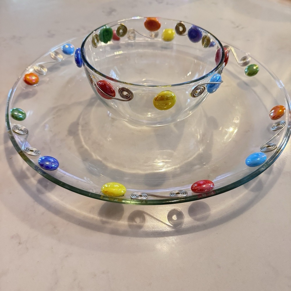 Vintage Dary Rees Glass Serving 13" Platter And 6"Bowl And‎ Spoon